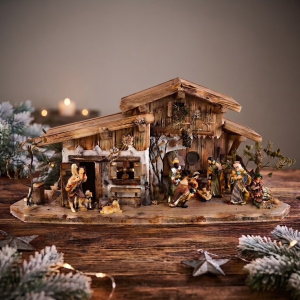 Prachtvolle Weihnachtskrippe Engelthal hell inkl. 12-tlg. Figurensatz K 001, Maße Krippe: ca. 70 x 30 x 32 cm